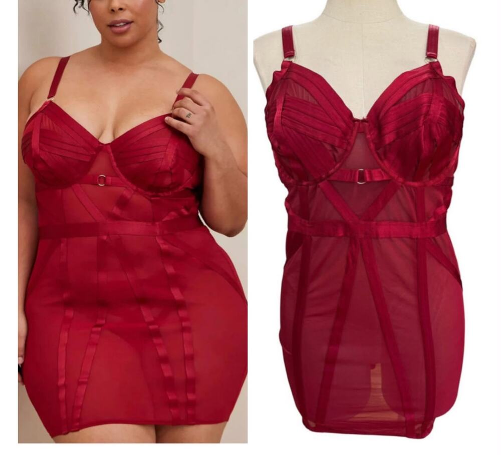 Torrid Plus Size 1 Sexy Strappy Cut Out Underwire Red Mesh Chemise Lingerie 1X